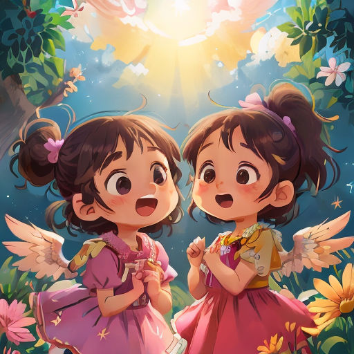 two little girls standing next to each other in the grass with flowers and sun shining behind them, with a sky background