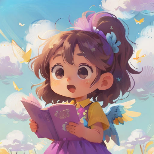 a little girl reading a book in the grass with butterflies flying around her and a sky background with clouds