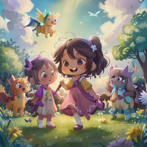a cartoon girl and two girls walking through a forest with animals and a bird flying overhead in the sky