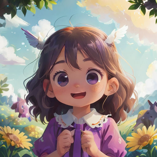 a girl with a butterfly on her shoulder standing in a field of flowers with a sky background and sunflowers