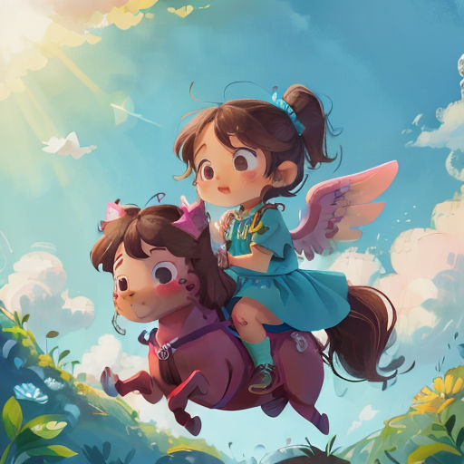 a girl riding on the back of a horse next to a boy on a pony in the sky with a castle in the background