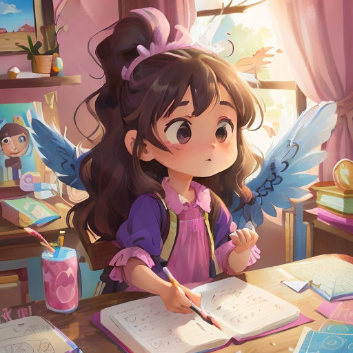 a girl is writing in a book with angel wings on her head and a pink dress on her shoulders