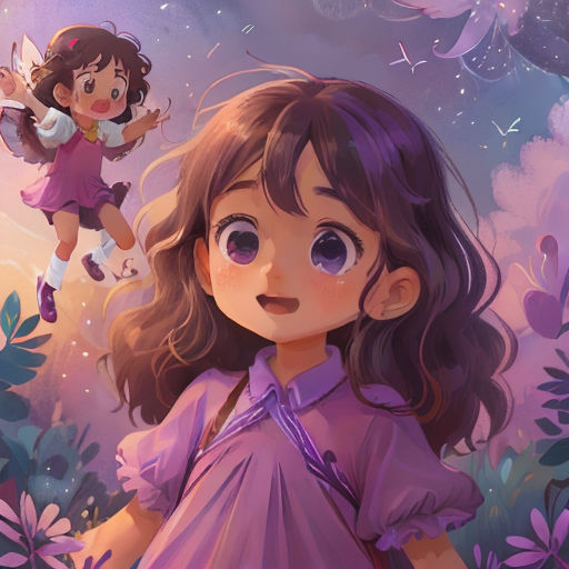 a girl in a purple dress standing in a field of flowers with a fairy flying above her and a girl in a purple dress