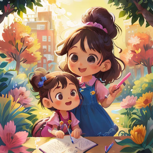 a little girl and a girl writing in a book in a park with flowers and trees around her, with a city in the background