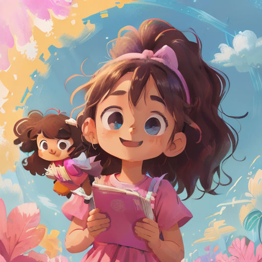 a girl holding a book and a doll in her hands in front of a sky background with flowers and clouds