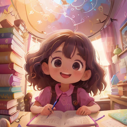 a girl sitting at a desk with a book and pen in her hand and a pile of books behind her