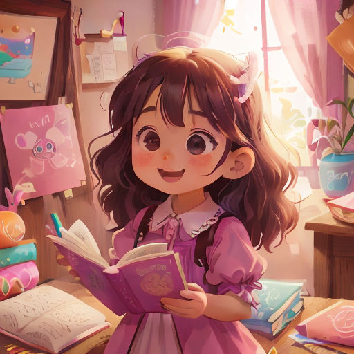 a girl is reading a book in a room with many books on the floor and a window behind her