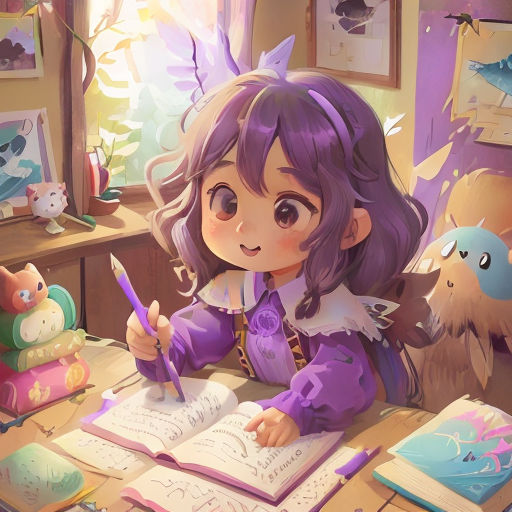 a girl sitting at a desk writing on a book with a cat in the background and a stuffed animal