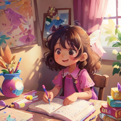 a girl is sitting at a table with a book and a pen in her hand and a vase with flowers