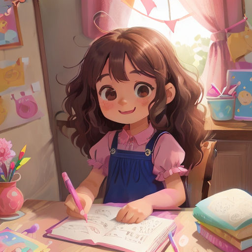 a little girl sitting at a desk writing on a book with a pen and paper in front of her