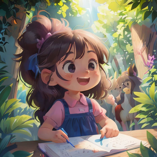 a girl is writing in a book in the woods with a bear and a forest background, and a forest scene is in the background