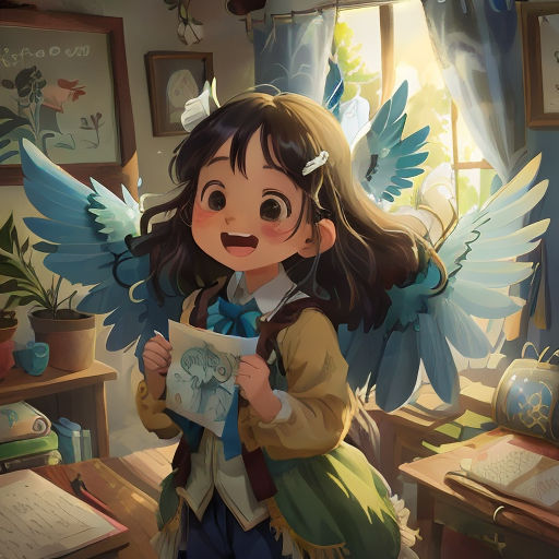 a girl with wings holding a piece of paper in her hands and looking at a book in her hand