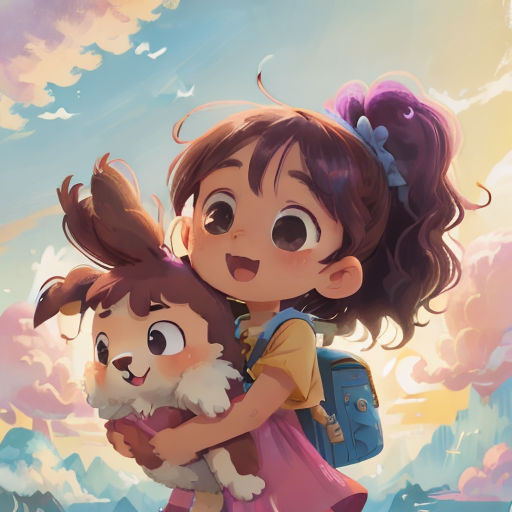 a girl holding a dog in her arms and a backpack on her back, with a sky background behind her