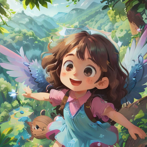 a girl in a blue dress with wings flying over a forest with a teddy bear in her hand and a bear in the other hand