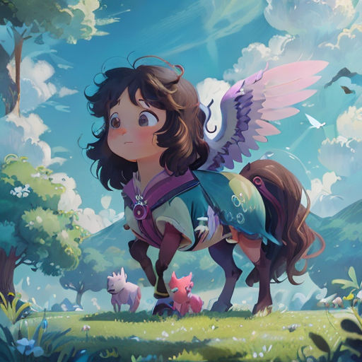 a girl riding a horse in a field with a bird on it's back and a pig on its back