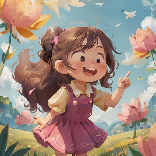 a little girl standing in a field of flowers pointing at something with her finger in the air and smiling