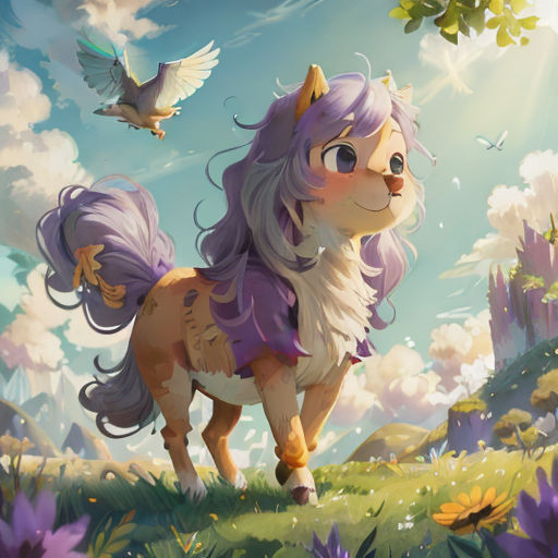 a cartoon pony standing in a field with a bird flying above it and a bird flying above it,