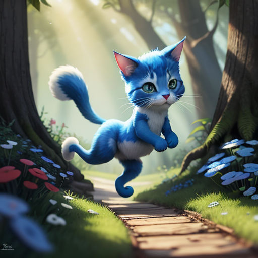 Cat dressed as smurf in the forest