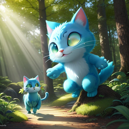 Cat dressed as smurf in the forest