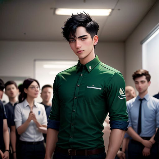 a man in a green shirt standing in front of a group of people in a room with a window