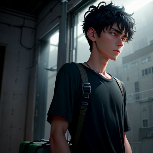 a man with a backpack and a backpack standing in front of a building with a window and a building behind him