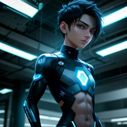 a woman in a futuristic suit standing in a room with a futuristic light on her chest and chest,