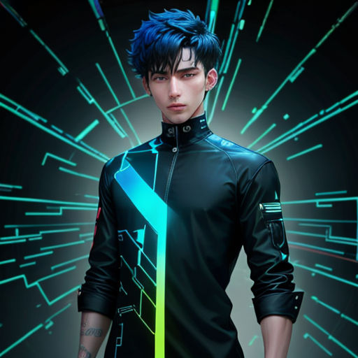 a man in a futuristic suit with neon lines on his body and a black background with a green and blue neon strip