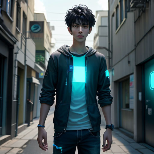 a man standing on a street with a green light on his jacket and a black jacket on his jacket