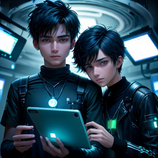 two people standing next to each other holding a tablet computer in a room with monitors on the walls and a ceiling