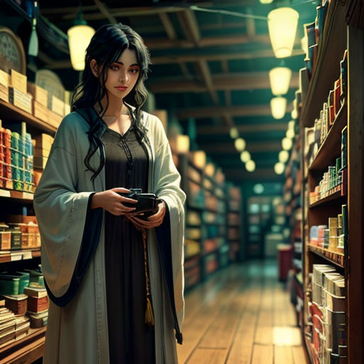 a woman in a library holding a camera and looking at a book shelf with many books on it and a lamp hanging from the ceiling