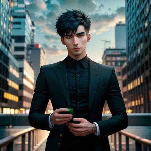 a man in a suit is holding a cell phone in his hands and looking at the camera with a city in the background