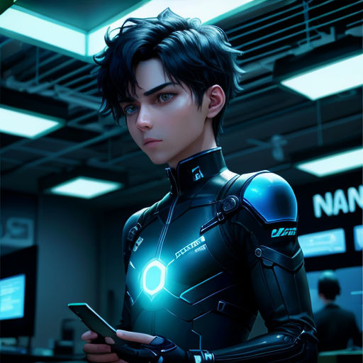 a woman in a futuristic suit holding a tablet computer in a room with lights on the ceiling and a man in a suit standing next to her
