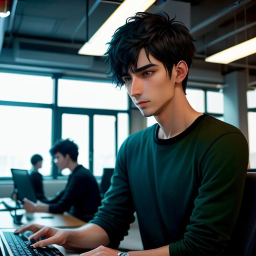 a man sitting at a desk using a laptop computer in an office setting with other people working on computers