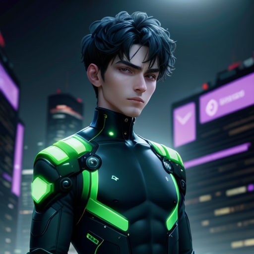 a man in a futuristic suit standing in front of a cityscape at night with neon lights on