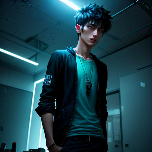 a man with a black hair and a green shirt is standing in a room with a blue light on the ceiling