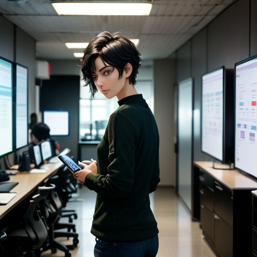a woman standing in front of a computer screen in a room with a lot of desks and monitors