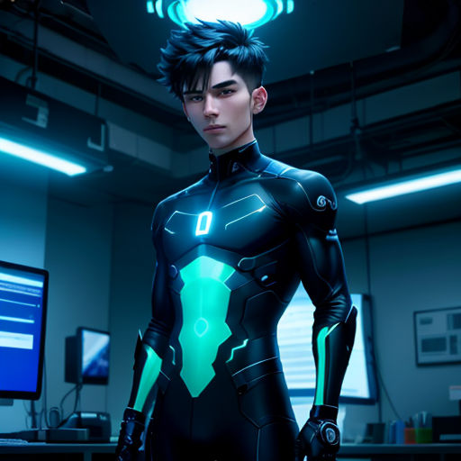 a man in a futuristic suit standing in a room with a computer monitor and a monitor screen behind him