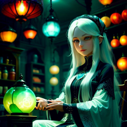 a woman sitting in a chair next to a table with a lamp on it and a lantern in the background