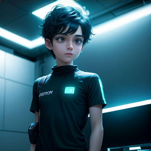 a young boy in a futuristic suit standing in a room with a neon light on his chest and a black glove on his hand