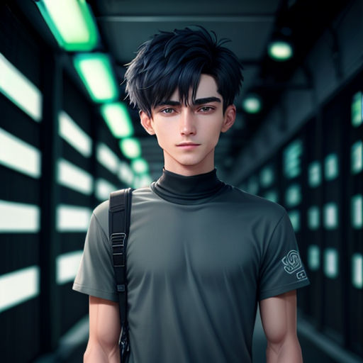 a man with a backpack standing in a hallway with lights on the ceiling and a green light above him