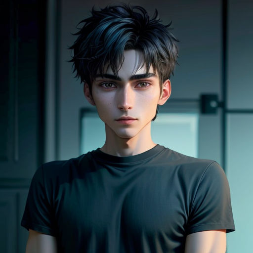 a man with a black shirt and a black shirt on is standing in a room with a door and a light