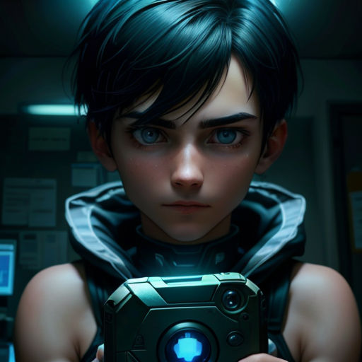 a woman holding a camera in a room with a light on her face and a blue light on her chest