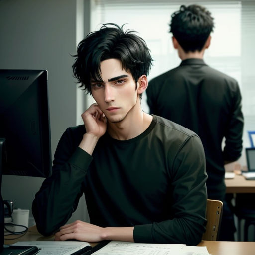 a man sitting at a desk with a computer monitor and keyboard in front of him and another man in the background