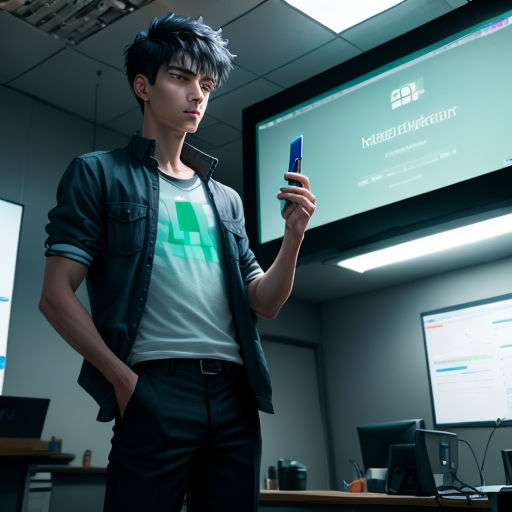 a man standing in front of a screen holding a cell phone in his hand and looking at it with a serious look on his face