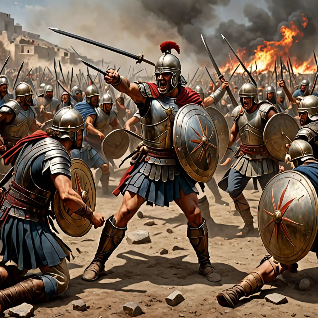 a painting of a roman army battle with a lot of men in armor and helmets on fire in the background, antipodeans, a detailed matte painting, David Palumbo, war