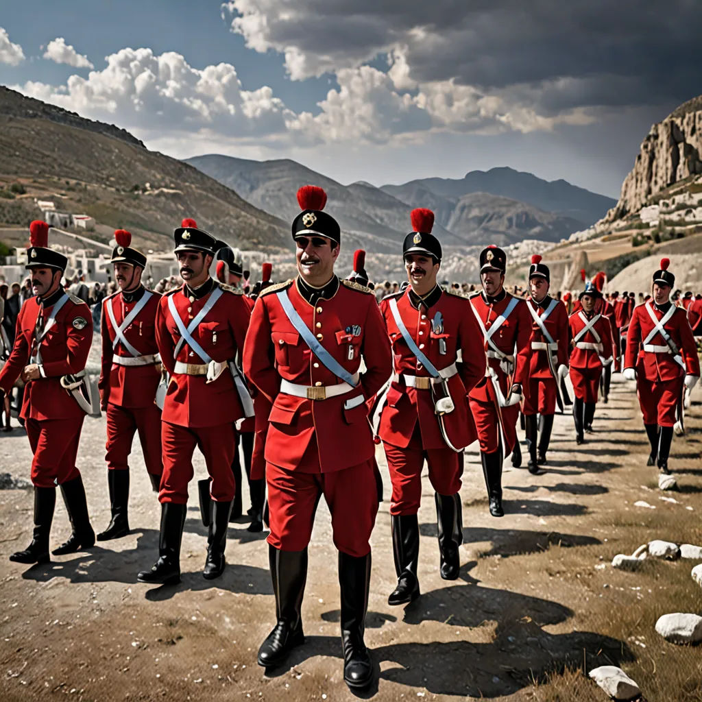 a group of men in red uniforms marching down a road with mountains in the background and clouds in the sky, qajar art, a detailed matte painting, Edi Rama, promotional image