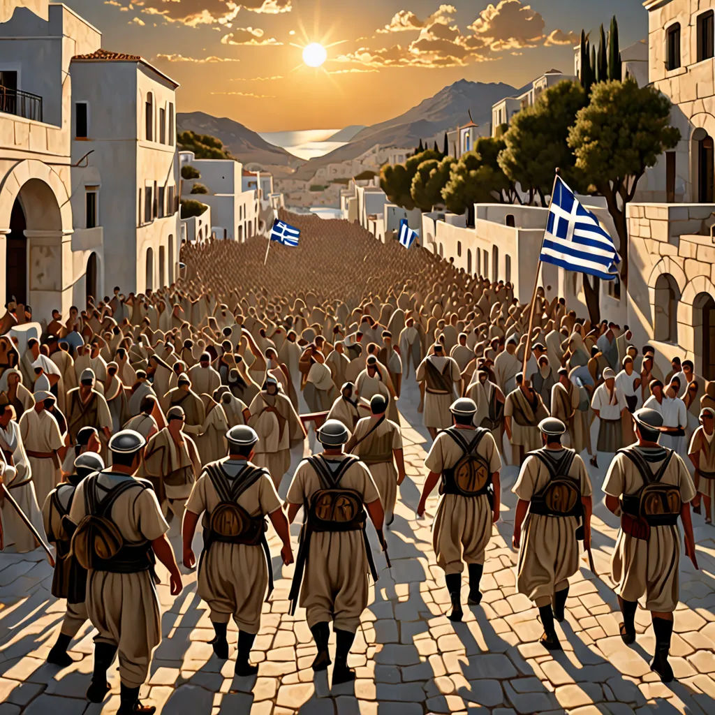 a painting of a group of men walking down a street with flags in hand and a sun setting in the background, fantastic realism, a detailed matte painting, F Scott Hess, cinematic matte painting