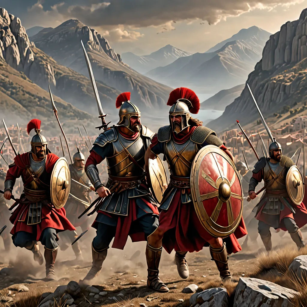 a painting of a group of men in roman armor running across a field with mountains in the background and a cloudy sky, antipodeans, a detailed matte painting, Christophe Vacher, highly detailed digital painting