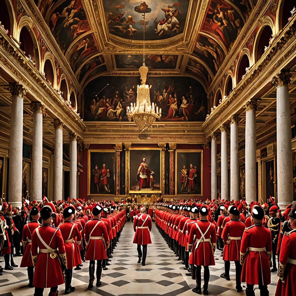 a large room with a lot of people in it and a painting on the wall above it that says the royal guard, viennese actionism, a detailed matte painting, Carel Willink, award - winning photography
