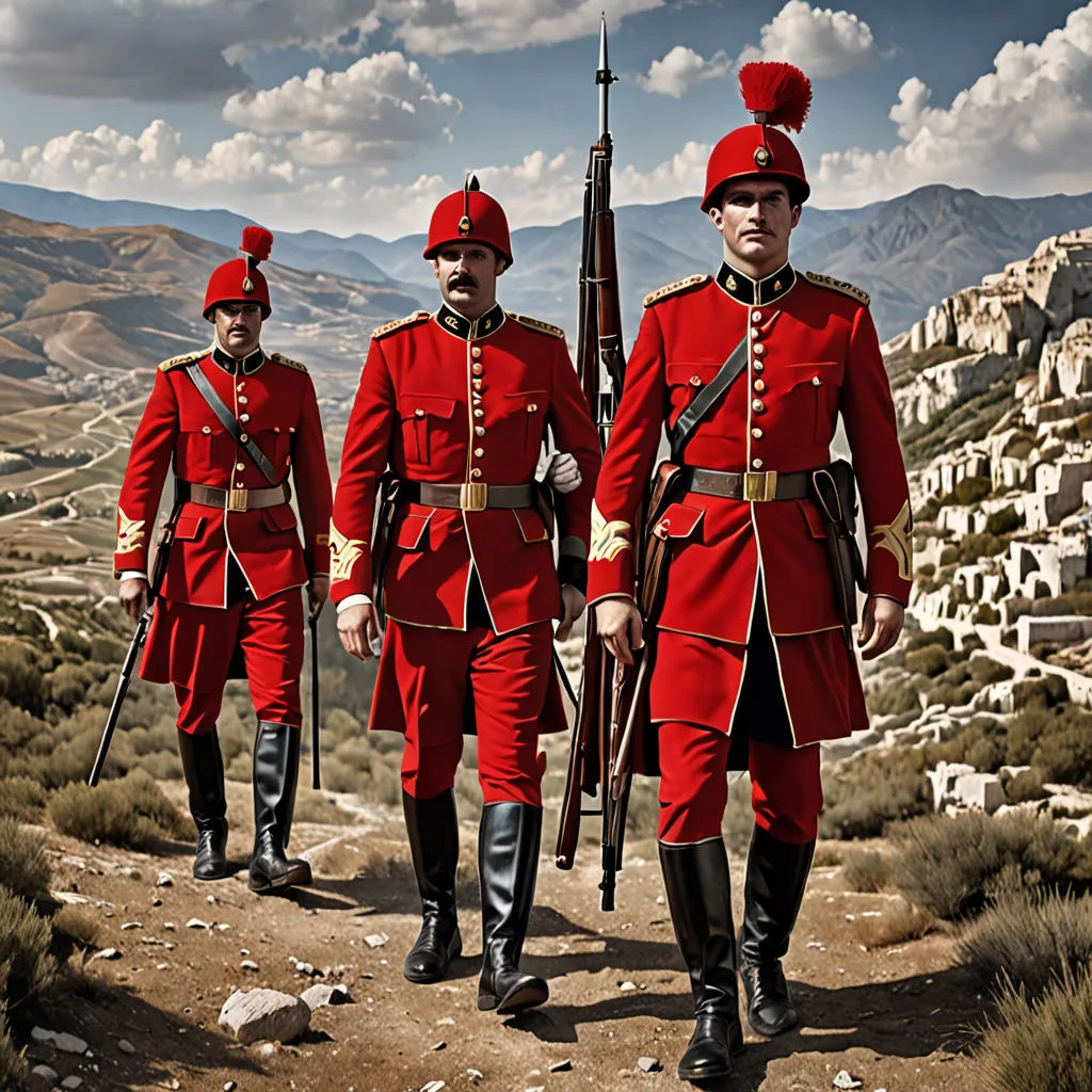 three men in red uniforms walking down a dirt road with a gun in hand and a rifle in the other hand, les nabis, a detailed matte painting, Carel Willink, promotional image